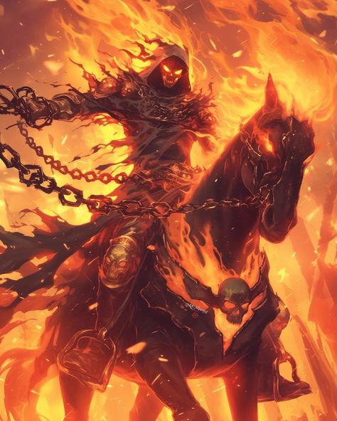 AK AI Art | 🔥 ☠️ 💀 What if Ghost Rider transformed into a Reaper? Imagine him wielding cursed powers, a scythe, and chained to a haunted horse! 🏇💀 How… | Instagram Ghost Rider Horse, Dnd Demon, Ghost Rider Art, Ghost Knight, Demon Horse, Gost Rider, Chained Soldier, Imagine Him, Magic Creatures