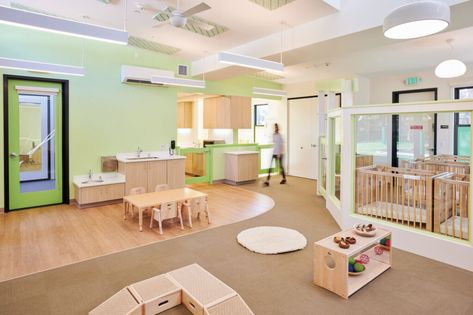 A Children's Center at Stanford University Provides an Alternative to Traditional Preschool - Metropolis Stanford Campus, Contemporary Sheds, Outdoor Play Space, Daycare Design, Infant Room, Classroom Idea, Sandstone Wall, Church Nursery, Daycare Center