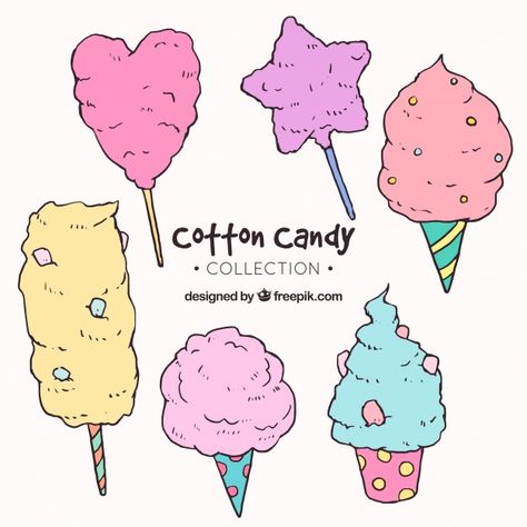 Pack of hand-drawn cotton candy Free Vector Cute Sweets Drawing, Cotton Candy Drawing, Candy Illustration, Candy Drawing, Candy Images, Food Artwork, Anime Tutorial, Body Drawing Tutorial, Candy Art