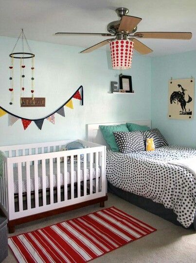 via AT Nursery Guest Room Combo, Small Apartment Room, Cowboy Room, Nursery Guest Room, Aqua Walls, Kids Rooms Shared, Small Space Nursery, Ideas Habitaciones, Small Kids Room