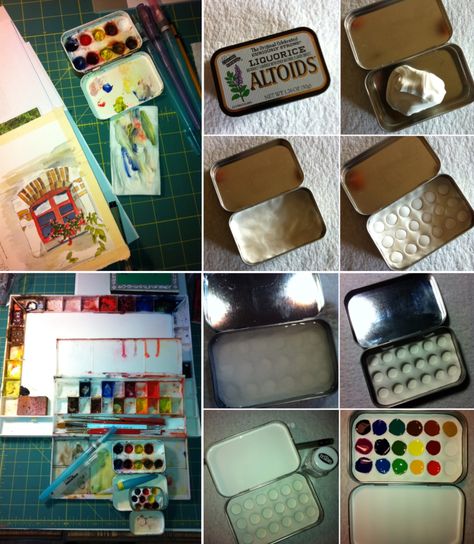 Mini Watercolor Travel Kit, Altoid Tin Paint Set, Diy Mini Paint Palette, Altoid Watercolor Palette, Mint Tins Crafts, Altoid Tin Watercolor Palette Diy, Mint Tin Crafts Diy, Diy Mini Watercolor Palette, Altoids Tin Art Kit