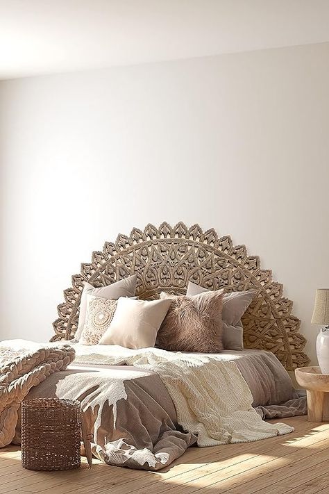 Amazon.com: Round Carved King Size Headboard, Circular Teak Wood Mandala Wall Art Hanging, Easy Mounting Low Profile Back Bed, Brown Wash Sealed Finish, 76x38 inches : Home & Kitchen Half Moon Headboard, Moon Headboard, Moroccan Headboard, King Size Bed Headboard, Letto King Size, Boho Headboard, California King Headboard, Carved Headboard, Interior Boho