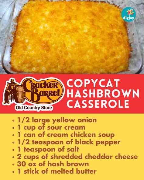 Do you love Cracker Barrel's hash brown casserole? You can easily make it at home with this copycat recipe! 3 Ingredient Hashbrown Casserole, Breakfast Casserole Cracker Barrel, The Best Hashbrown Casserole, Hashbrown Casserole Copycat Cracker Barrel, Ritz Cracker Hashbrown Casserole, Copycat Sbarro Potatoes, Casserole Thanksgiving Recipes, Cheesy Potatoes Cracker Barrel, Hashbrown Casserole With Diced Potatoes