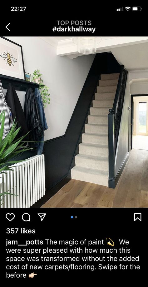 Black And White Hallway Panelling, Black Staircase Panelling, Black Stair Panelling, Black Dado Rail Hallway, Black Stairs Hallway, Black And White Panelling, Black White Hallway, Victorian Corridor, Beige And Black Hallway