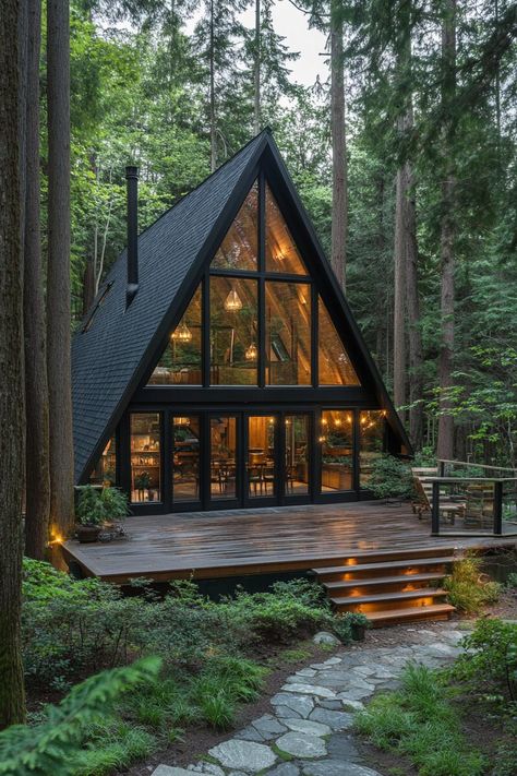 Glass Forest House, Dark A Frame House, Glass A Frame House, A Frame House With Garage, A Frame Homes, Wood And Glass House, Homes In The Woods, Deck With Steps, House In Mountains