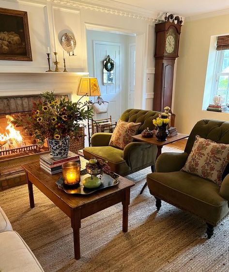 House Styling Interior, Colonial Home Decor, Velvet Chairs, Cottage Core Decor, Victorian Style Homes, Fireside Chairs, Hot Cider, Living Room Remodel, Velvet Chair