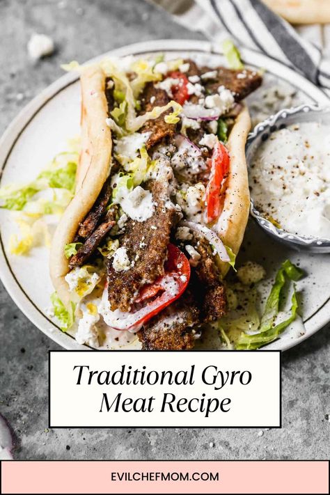 Traditional Gyro Meat Recipe - Evil Chef Mom Traditional Gyro Meat Recipe, Greek Lamb Gyro Recipe, How To Cook Gyro Meat, Roast Beef Gyros, Gyro Meatloaf Recipe, Gluten Free Gyro Meat, Diy Gyro Meat, Homemade Gyros Meat, Greek Gyros Aesthetic