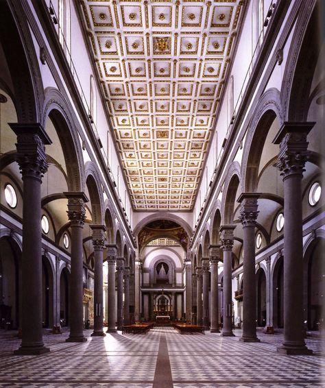 Basilica of San Lorenzo, Florence by Filippo Brunelleschi (1421-1440) interior showing nave toward the altar -  Brunelleschi used pietra serena, "the serene stone," to help create the calm sense of balance. Hotels In Florence Italy, Filippo Brunelleschi, Florence Tuscany, Architecture History, Classical Architecture, San Lorenzo, Tuscany Italy, Historical Architecture, Florence Italy