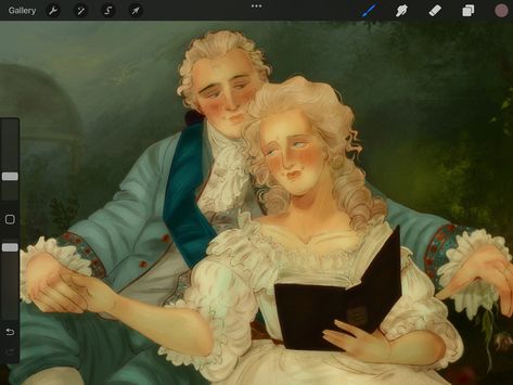 “Kissing Mme la Dauphine, [Louis] said to her, “But do you love me?” [She] answered, ‘Yes, you cannot doubt it, I love you sincerely and respect you even more.” (1773) #marieantoinette #art #procreate #digitalart #painting #louisxvi Rococo Aesthetic, Music Sculpture, Baroque Dress, Drag King, Art Procreate, Royal Aesthetic, You Love Me, Historical Art, Louis Xvi