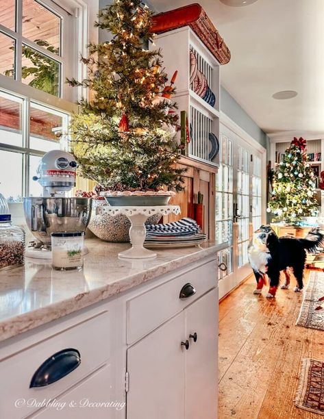 A festive kitchen adorned with a Christmas tree and accompanied by a joyful dog. Christmas Tree For Kitchen, Small Kitchen Christmas Tree, Christmas Tree On Kitchen Island, Kitchen Christmas Tree Ideas, Christmas Cozy Home, Farmhouse Christmas Tree Ideas, Cozy Christmas Kitchen, Cozy Cottage Christmas, Kitchen Christmas Decor Ideas