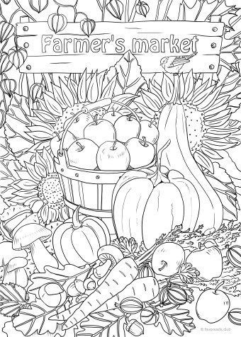 Farmer’s Market – Favoreads Coloring Club Modele Zentangle, Vegetable Coloring Pages, Garden Coloring Pages, Fall Coloring Pages, Colouring Printables, Printable Adult Coloring Pages, Adult Coloring Book Pages, Unicorn Coloring Pages, Disney Coloring Pages