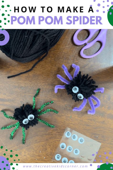 How to Make a Pom Pom Spider Make Pom Poms With Yarn, Pom Pom Spider Craft, Pom Pom Spider, Spiders Preschool, Pom Pom Spiders, Halloween Handprint Crafts, Craft For Halloween, Connect Group, Halloween Scavenger Hunt