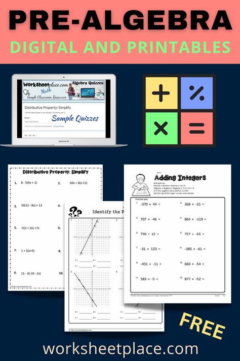 Free algebra and pre algebra worksheets for 6th to 9th grades - always free at Worksheetplace.com Pre Algebra Worksheets Free Printable, Algebra Notes High Schools, Pre Algebra Notes, 7th Grade Worksheets Free Printable, Algebra Notes, Algebra Games, Pre Algebra Activities, Pre Algebra Worksheets, High School Algebra