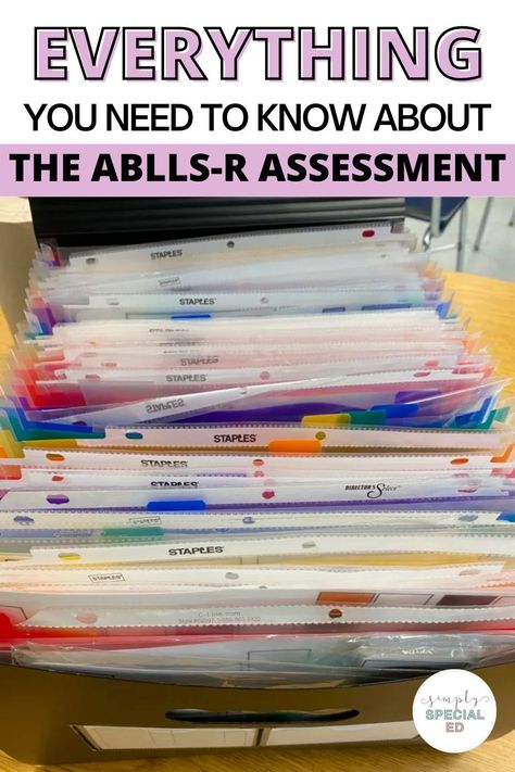 The Assessment of Basic Language and Learning Skills- Revised (ABLLS-R) is a criterion referenced assessment used to assess the strengths and deficits of children with language delays. Today on the blog, I am sharing all about ABLLS-R and the four sub-assessments that make up this special education assessment. This assessment focuses on academic skills like reading and writing skills, along with self-help skills, and fine motor and gross motor skills. Learn about ABLLS-R materials and more! Rbt Data Collection, Preference Assessment Aba, Peak Assessment Aba, Special Education Assessments, Functional Behavior Assessment Template, Response Generalization Aba, Ablls-r Assessment, Authentic Assessment, Verbal Behavior