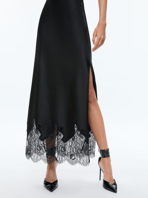 Maeve Midi Slip Skirt With Lace Trim In Black Maxi Slip Skirt, Skirt With Lace Trim, Midi Slip Skirt, Geometric Knit, Skirt With Lace, Lace Midi Skirt, Elastane Fabric, Slip Skirt, Fabric Details