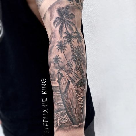 Sleeve Tattoos Hawaii, Hawaii Theme Tattoo, Beach Full Sleeve Tattoo, Surf Sleeve Tattoo, Surfing Tattoos Men, Hawaiian Scene Tattoo, Tropical Beach Tattoo Design, Surfboard Tattoo, Surfer Tattoo