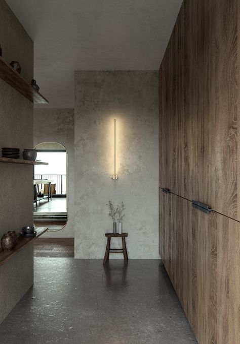 Wabi-Sabi Apartment on Behance Wabi Sabi Apartment, Wabi Sabi Concept, Wabi Sabi House, Wabi Sabi Interior Design, Wabi Sabi Interior, Concrete Effect Paint, Wabi Sabi Decor, French Apartment, Wabi Sabi Style