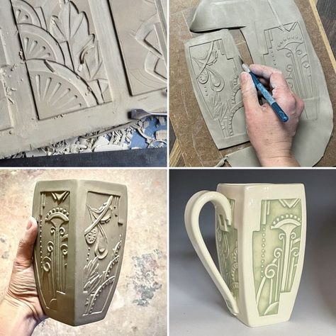 Pottery Mug Inspiration, Pottery Cup Handles, Art Deco Ceramics, Scrafito Designs, Slab Mug Ideas, Ceramic Art Inspiration, Clay Handbuilding Ideas, Ceramics Cup, Art Deco Pottery