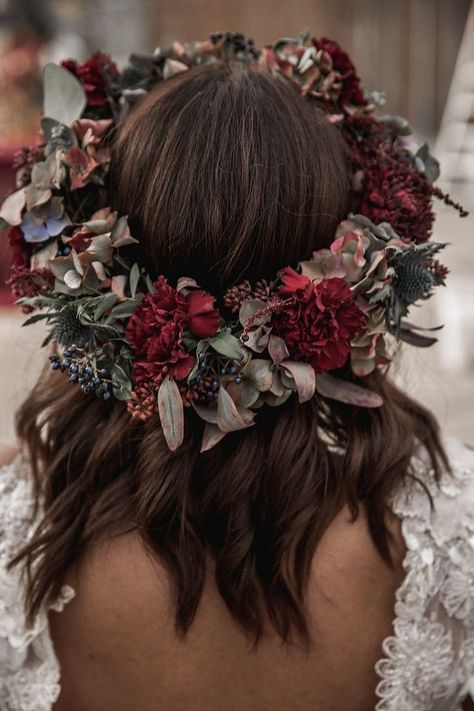 Boho Shoot, Dark Red Wedding, Elopement Flowers, Red Flower Crown, Horse Photoshoot, Dark Wedding Theme, True Bride, Red Wedding Theme, Boho Flower Crown