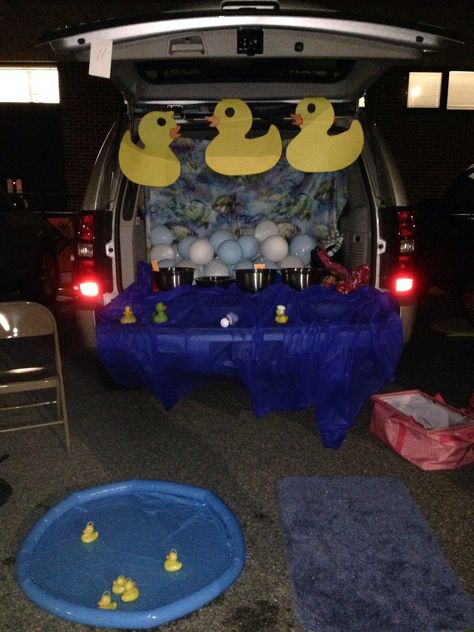 Trunk Or Treat Rubber Ducky, Duck Pond Trunk Or Treat, Duck Trunk Or Treat Ideas, Bathtub Trunk Or Treat, Rubber Duck Trunk Or Treat, Duck Trunk Or Treat, Bubble Bath Trunk Or Treat, Halloween Party Treats, Hosting Friends