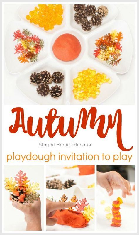 Teach a Range of Levels with Autumn Play Dough Invitation to Play | fall activities  for preschoolers Playdough Loose Parts, Invitation Play, Playdough Trays, Kindergarten Invitations, Fall Activities For Preschoolers, Fall Play Dough, Playdough Invitation, Fall Playdough, Autumn Preschool