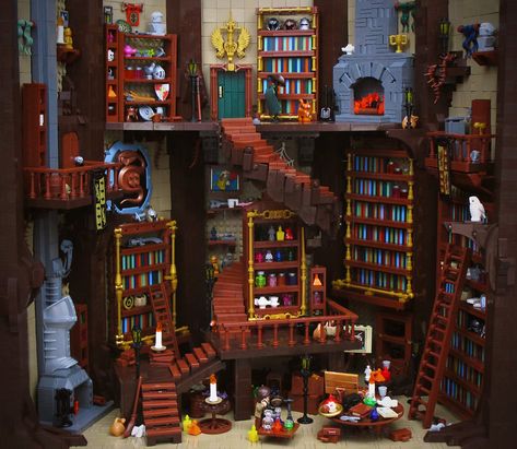 What treasures does this library hold? | The Brothers Brick | The Brothers Brick Brewing Room Minecraft, Lego Bookshop, Lego Backgrounds, Lego Wizard, Lego Museum, Potion Brewing, Lego Library, Lego Houses, Lego Halloween