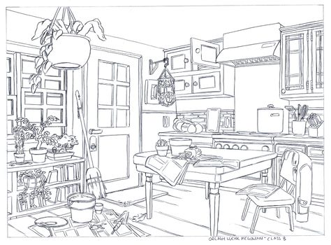 Jim Zub on Twitter: "I've posted up examples of student work from the first year Animation Layout & Design class I teach at @SenecaCollege (like these Kitchen scenes attached here), but that doesn't really give you the scope of what one of these final drawings entail. Let me show you- https://t.co/dM8UsQrhSW" / Twitter Animation Layout, Kitchen Drawing, Perspective Drawing Architecture, Bg Design, Concept Art Tutorial, Adult Coloring Designs, Detailed Coloring Pages, Drawing Exercises, Interior Sketch