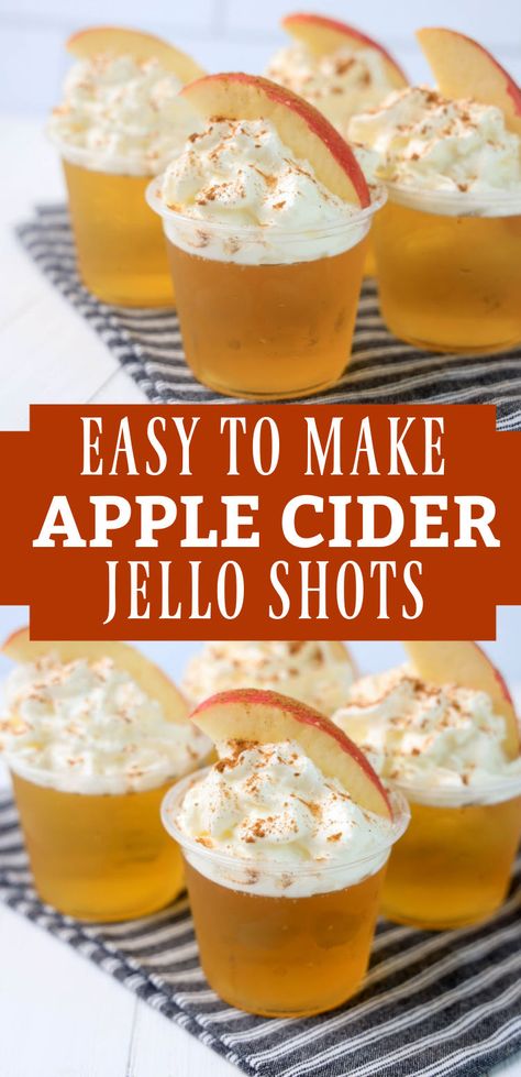 These apple cider jello shots are perfect for fall!If you love Thanksgiving desserts, then you will love these sparkling cider jello shots that are the perfect fall shot recipe. Autumn jello shots, autumn jelly shots, Thanksgiving cocktails, Thanksgiving jello shots Apple Cider Jello Shots Vodka, Apple Crisp Jello Shots, Apple Cider Shots Alcohol, Thanksgiving Shots Jello, Pumpkin Spice Jello Shots, Brown Jello Shots, Jello Shots Fall, Fall Jello Shots Alcohol, Jello Shots Vodka Halloween