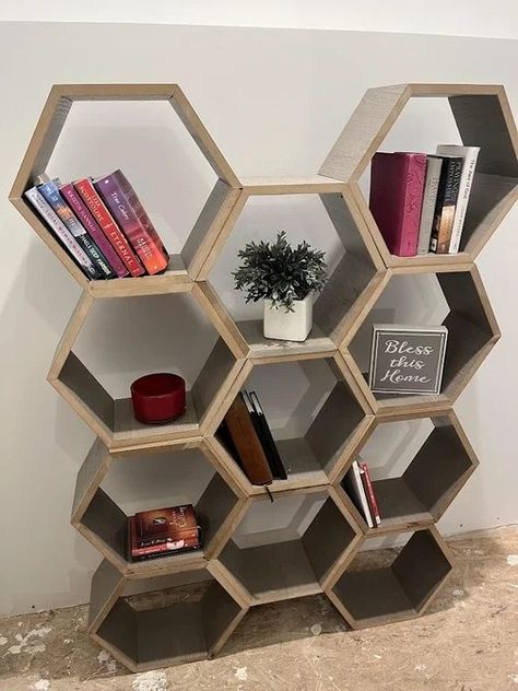 Modern Hexagon Bookshelf : 7 Steps (with Pictures) - Instructables Hexagon Bookshelf, Workshop Shelves, Guitar Shelf, Christian High School, Hexagon Shelves, Mold Casting, Bookshelf Styling, My Good, Painters Tape