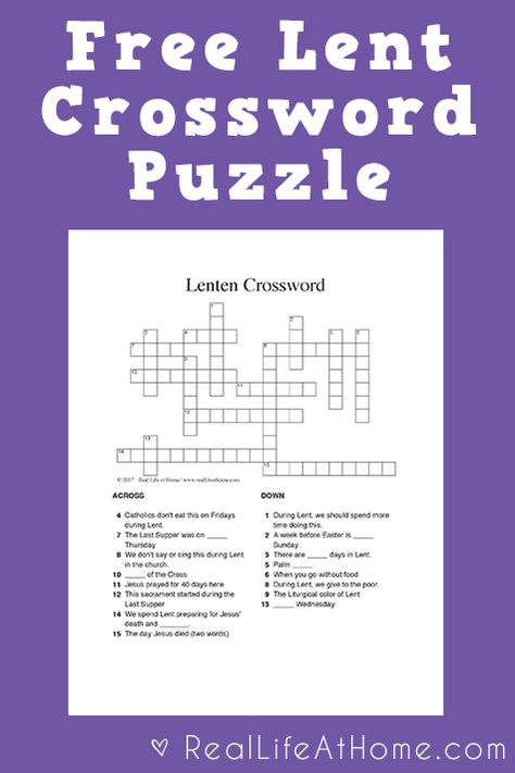 Looking for a fun activity during Lent for kids and teens? Click through for two versions of a free Lent crossword puzzle printable. | Real Life at Home Lent For Kids, Lent Kids, Ccd Activities, Lenten Activities, Religion Activities, Puzzle Printable, Catholic Lent, Escape Room Puzzles, Lenten Season