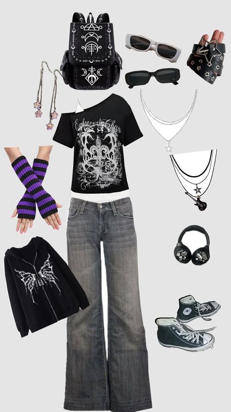 Emo outfit idea for school Middle School Emo Aesthetic, Scene Inspo Outfit, Simple Emo Outfits, 2000 Emo Fashion, Emo Outfits For School, Goth School Outfit, Emo Aesthetic Outfit, Emo Girl Outfits, Outfit Emo