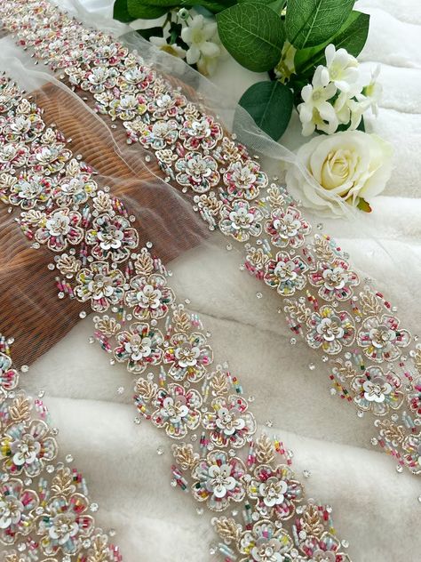 1 Yard Multicolour Cutdana Pearl Crystal Floral Trim Hand - Etsy Ribbon Hair Accessories, Beaded Bridal Sash, Crystal Lace, Bridal Applique, Hand Beaded Embroidery, Paper Flower Decor, Beaded Lace Fabric, Fashion Sewing Tutorials, Hand Embroidery Tutorial