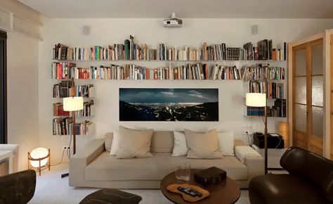 12 Shelf Styling Ideas to Spice Up Your Living Room - StoryNorth Wall Bookshelves Above Sofa, Shelving Around Sofa, Book Shelf Over Sofa, Bookcase Above Sofa, Tv Above Sofa, Bookshelves Behind Sofa, Bookshelves Above Couch, Bookshelf Behind Sofa, Bookshelf Behind Couch