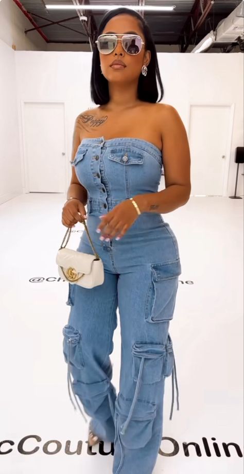 Denim Pants Suits For Women, Blue Jean Romper Outfit, Jean Two Piece Outfit, Jean Jumper Outfit Denim, Denim And Diamonds Party Outfit Classy, Jean Tube Top Outfit, Blue Jean Jumpsuit Outfits, Jean Jumpsuit Outfit Black Women, Denim Outfits For Women Party