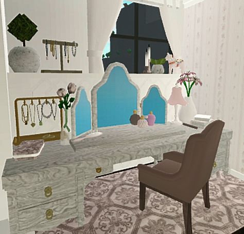 Bloxburg Beauty Room, Vanity Ideas Bedroom Bloxburg, Bloxburg Makeup Desk, Vanity Ideas Bloxburg, Vanity Bloxburg, Bloxburg Vanity Ideas, Bloxburg Vanity, Bloxburg Coquette, Bloxburg Teen Room