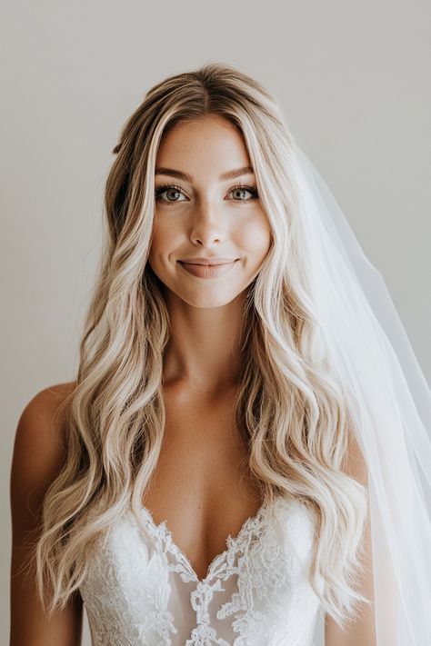 Can’t get enough of the latest trends? Check out these 50+ trendy all down bridal hair ideas that brides are raving about. From beachy waves to sleek styles, these modern looks will make you feel on-trend and timeless. #AllDownBridalHair #TrendyBride #ModernBridalHair Center Part Bridal Hairstyles, Down Style Bridal Hair, Bridal Hair Down Beach Waves, Wedding Hair For Extensions, Bride Hairstyles Boho Loose Waves, Simple Waves Wedding Hair, Bride Hair Beach Wedding, Bridal Hairstyles Hair Down, Beach Bridal Hair Down