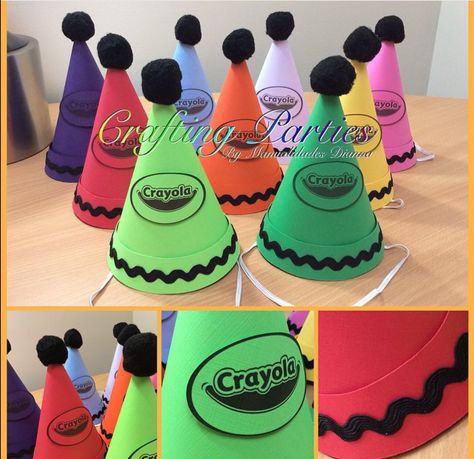 Handmade Crayola / Crayon theme party hats. For ordering info email: diannacraftingparties@yahoo.com follow me on IG: @craftingparties Facebook: www.facebook.com/craftingpartiesbydianna #crayola Crayon Costume Ideas, Diy Crayon Costume Hat, How To Make A Crayon Hat, Crayon Hat Diy, Crayon Hat, Crayola Party, Crayon Costume, Crayon Days, Trunker Treat Ideas