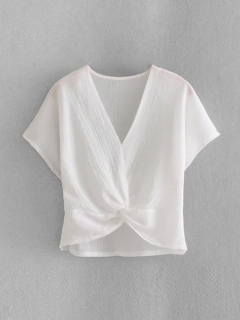 Twist Front Blouse -SheIn(Sheinside) Twist Blouse, Knotted Top, Pretty Blouses, Shirts Women, V Neck Blouse, Twist Front, Blouse Styles, Blouse Dress, Elegant Fashion