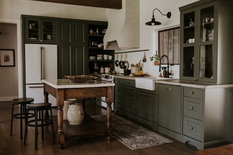 Modern Cottage Kitchen, Moody Kitchen, Green Kitchen Cabinets, Sleep Deprived, Rustic Modern Kitchen, Green Cabinets, Small Space Kitchen, Kitchen Farmhouse, Burgundy Floral