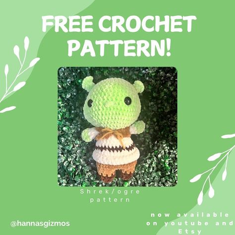 Check out this free crochet pattern now up on YouTube! Or the PDF version is listed on my Etsy. Both linked in my bio 💚 #ogre #crochet #amigurumi #shrek #freecrochetpattern #crochetpattern #crochetshrek Crochet Shrek Pattern Free, Shrek Crochet Pattern Free, Shrek Crochet Pattern, Crochet Shrek, Shrek Crochet, Crochet Design Pattern, Crochet Animals Free Patterns, Beginner Crochet Projects, Shrek