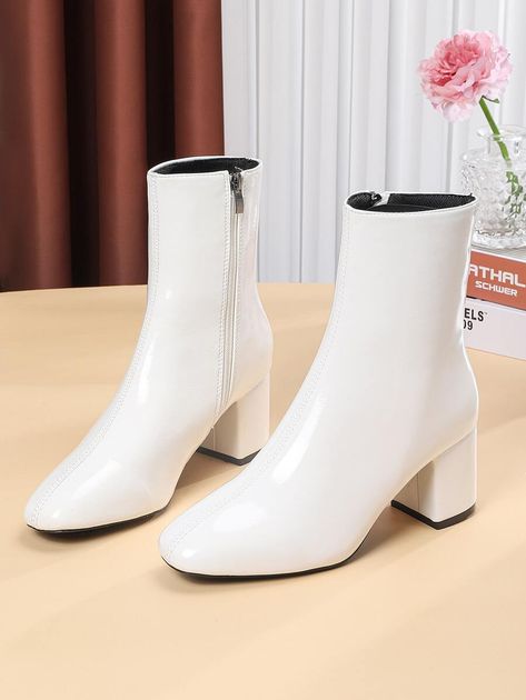 Women Minimalist White Chunky Heeled Boots | SHEIN USA Womens White Boots, Chunky Heeled Boots, Woman Boots, Chunky Heel Boots, White Ankle Boots, Winter Fashion Boots, White Woman, Chunky Heels Boots, Boots Women Fashion