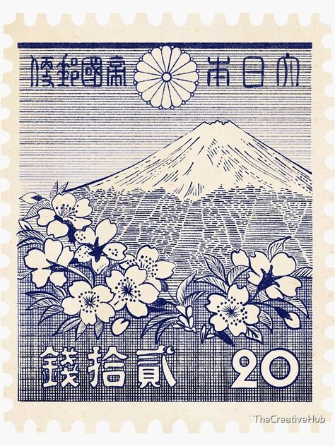 "Vintage Engraved Blue Mount Fuji Stamp - Japan " Sticker for Sale by TheCreativeHub | Redbubble Japanese Design Pattern, Japan Stamp Tattoo, Japanese Stamp Design, Stamps Wallpaper, Mount Fuji Drawing, F1 Poster Design, Mt Fuji Illustration, Japanese Stamps Vintage, Japan Postcard