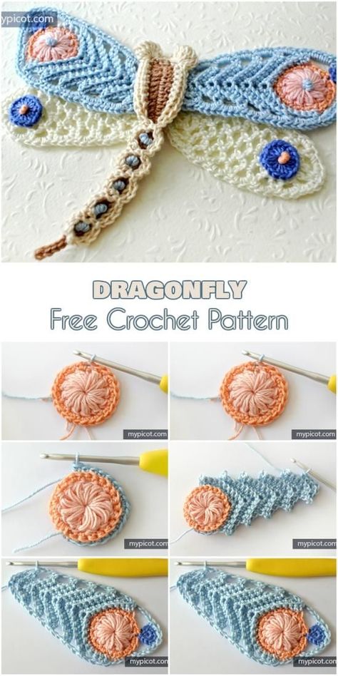 Crochet Dragonfly, Pola Amigurumi, Crochet Butterfly, Crochet Pattern Amigurumi, Freeform Crochet, Crochet Flower Patterns, Crochet Applique, Irish Crochet, Crochet Accessories