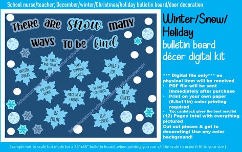 Winter Bulletin Boards For Work, Winter Middle School Bulletin Boards, Winter Sel Bulletin Boards, Snow Flake Bulletin Board Ideas, Winter Kindness Bulletin Board, Winter Themed Doors For School, Winter Bulliten Boards For School, Snowflake Bulletin Board Ideas, Winter Wonderland Bulletin Board Ideas