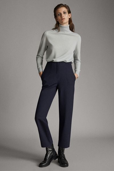 The Best Work Trousers To Buy Now | SheerLuxe Navy Trousers Outfit Women, Navy Trousers Outfit, Trousers Women Outfit, Work Trousers Women, Massimo Dutti Women, Work Trousers, Stylish Sweaters, Wool Trousers, Straight Trousers