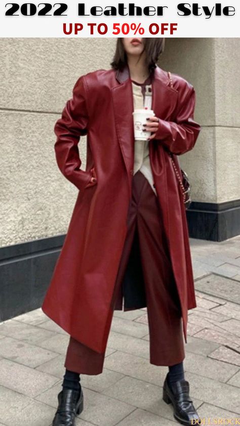 Red Leather Trench Coat, Red Leather Coat, Velvet Sweater, Red Trench Coat, Coat For Women, Leather Trench Coat, Casual Stylish, Trench Coats Women, Women Sleeve