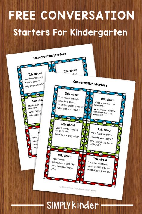 Free printable conversation cards are a fun way to encourage your kindergarten kids to practice talking and listening. Perfect for  morning meeting, closing circle, transitions, and circle time. These free prompts will stimulate amazing conversations in any classroom! #kindergarten #kindergartenprintables # conversationstarters Kindergarten Conversation Starters, Teaching Conversation Skills, Making Conversation Small Talk, Conversation Cards For Kids, Maintaining Conversation Activities, Ending Conversation Social Skills, Conversation For Kids, Conversation Activities, Closing Circle