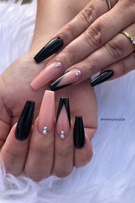 (paid link) Read more about nail styles, and discover new ideas, makeup looks, skin-care advice, the best beauty products, tips, and trends. Nail Ideas With Black, Acrylic Nails Coffin Ombre, Acrylic Nail Designs Coffin, Black Acrylic Nails, Red Acrylic Nails, Ombre Acrylic Nails, Edgy Nails, Her Nails, Simple Acrylic Nails