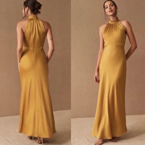 Bhldn High Neck Cortland Dress, Marigold - New With Tags! Never Been Worn! Stunning Satin Maxi Dress With A Gathered High Neck And Flowing Skirt! Purchased From Bhldn As A Bridesmaid Dress Then Bride Changed Her Mind On Color. Yellow Orange Bridesmaid Dresses, Dark Yellow Bridesmaid Dresses, Mustard Bridesmaid Dresses, Anthropologie Bridal, Marigold Bridesmaid Dress, 2026 Wedding, Calypso Dress, Marigold Dress, Burgundy Gown