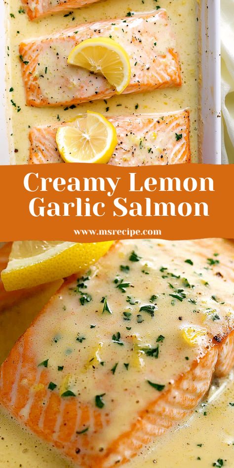 This salmon with creamy lemon garlic sauce is the perfect combination of rich and zesty flavors. Make this easy recipe in just a few simple steps! Creamy Salmon Recipes Baked, White Sauce Salmon, Lemon Marinade For Salmon, Salmon Lemon Garlic Cream Sauce, Creamy Lemon Butter Salmon, Creamy Lemon Garlic Salmon, Salmon With Lemon Garlic Cream Sauce, Lemon Garlic Sauce For Fish, Sauce Recipes For Salmon